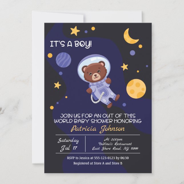 Invitación Oso en el espacio exterior niño niño niño niño niñ (Anverso)