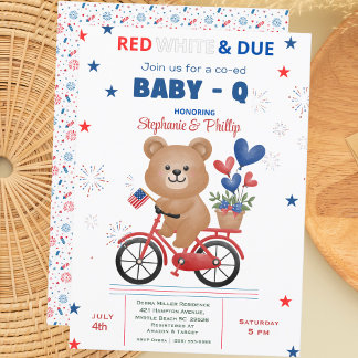 Invitación Oso en la Baby Shower del 4 de julio en bicicleta