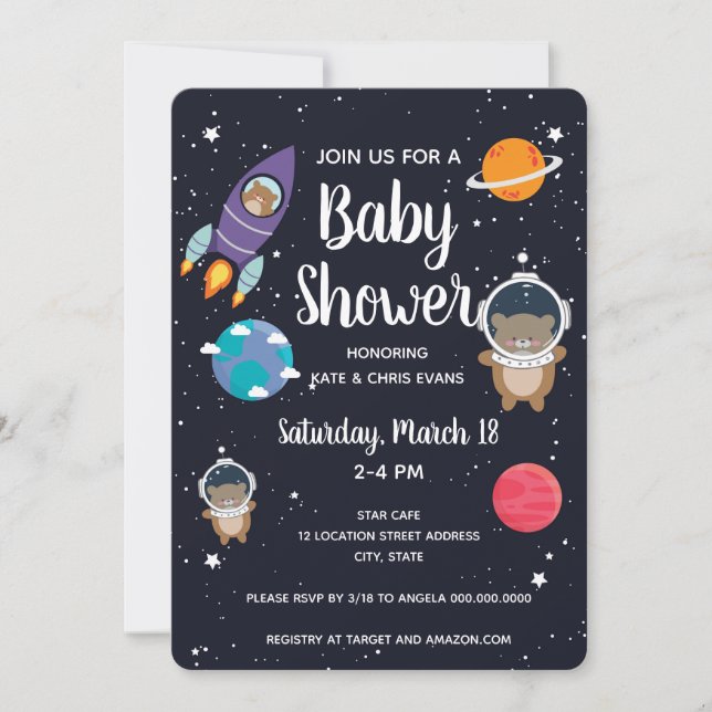 Invitación Oso en la Galaxia de la Marina Espacial Baby Showe (Anverso)