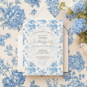 Invitación Oso Floral Toile francés 1º cumpleaños