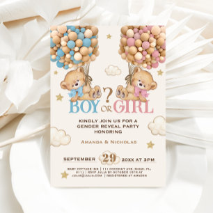 Invitación Oso Globos Azules Rosa Revelación del Sexo Apenas