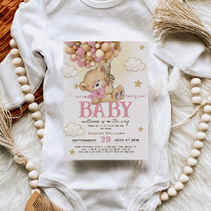 Invitación Oso Globos Rosas Oso Apenas Espera Chica Baby Show