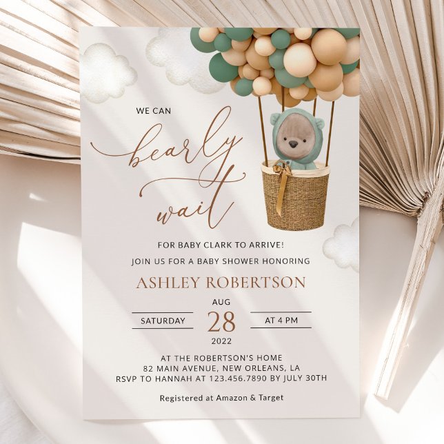 Invitación Oso, globos verdes, globo de aire caliente, Baby S (Subido por el creador)