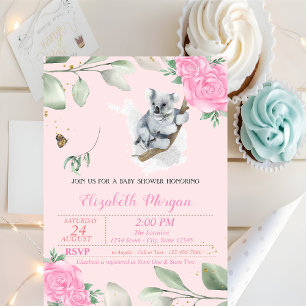 Invitación Oso Koala Lindo, Hojas, Ducha de Bebé Floral