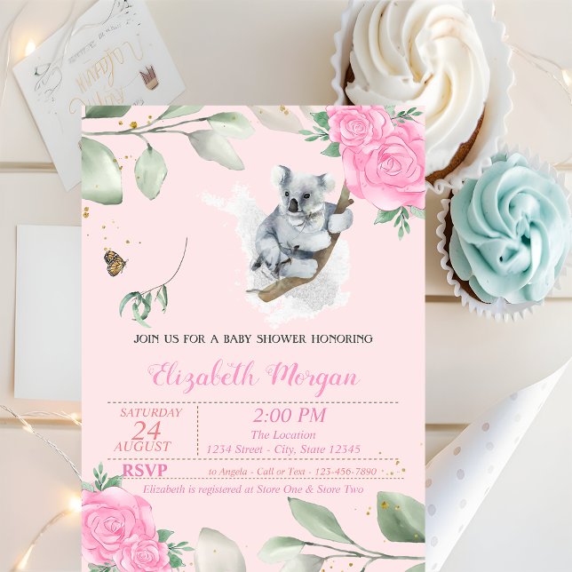 Invitación Oso Koala Lindo, Hojas, Ducha de Bebé Floral (Subido por el creador)
