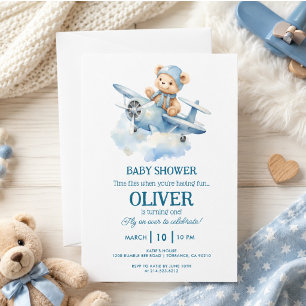 Invitación Oso Lindo Avión Azul Cumpleaños 1º El Tiempo Vuela