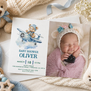Invitación Oso Lindo Avión Azul Cumpleaños 1º El Tiempo Vuela
