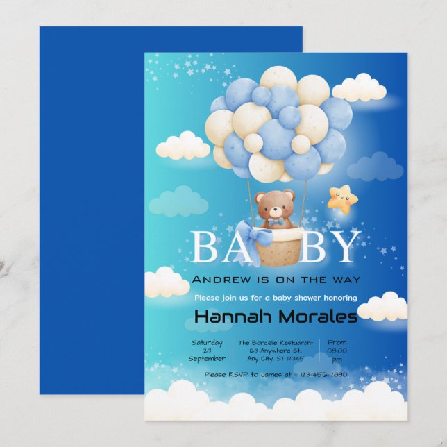 Invitación Oso lindo con Baby Shower de doble sombra de globo (Anverso / Reverso)