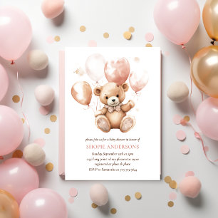 Invitación Oso lindo con globos   Rosa del bebé