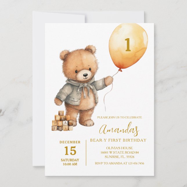 Invitación Oso lindo con niño globo primer cumpleaños (Anverso)