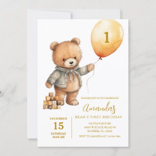 Invitación Oso lindo con niño globo primer cumpleaños