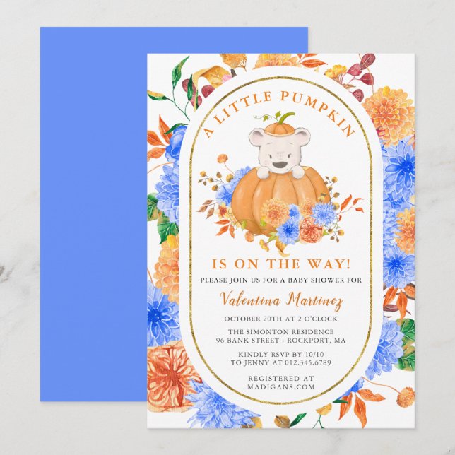 Invitación Oso lindo en un niño de calabaza cae invitada de B (Anverso / Reverso)