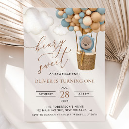Invitación Oso lindo, globos azules, primer cumpleaños