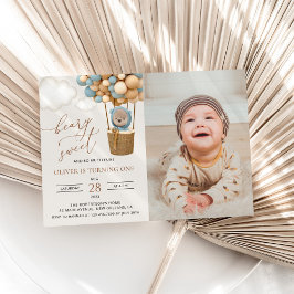Invitación Oso lindo, globos azules, primer cumpleaños