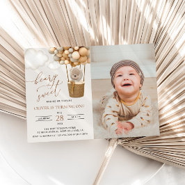 Invitación Oso lindo, globos beige, primer cumpleaños