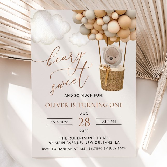 Invitación Oso lindo, globos beige, primer cumpleaños (Subido por el creador)