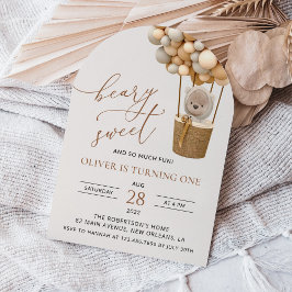 Invitación Oso lindo, globos beige, primer cumpleaños