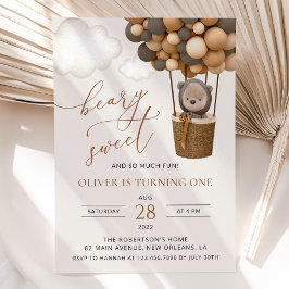 Invitación Oso lindo, globos marrones, primer cumpleaños
