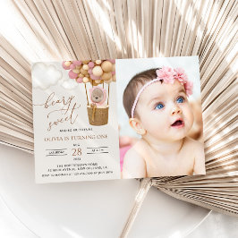 Invitación Oso lindo, globos rosados, primer cumpleaños