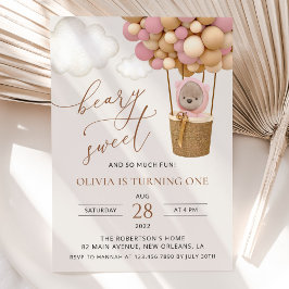 Invitación Oso lindo, globos rosados, primer cumpleaños