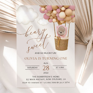Invitación Oso lindo, globos rosados, primer cumpleaños