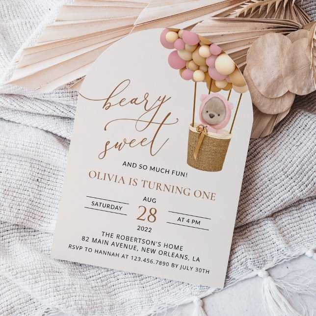 Invitación Oso lindo, globos rosados, primer cumpleaños (Subido por el creador)