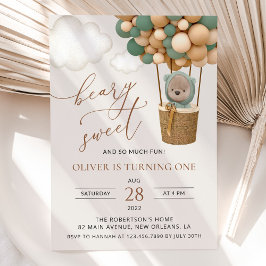 Invitación Oso lindo, globos verdes, primer cumpleaños