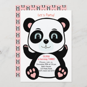 Invitación Oso lindo panda en cumpleaños rosado y blanco
