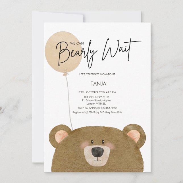 Invitación Oso lindo Podemos anticipar Baby Shower de espera  (Anverso)