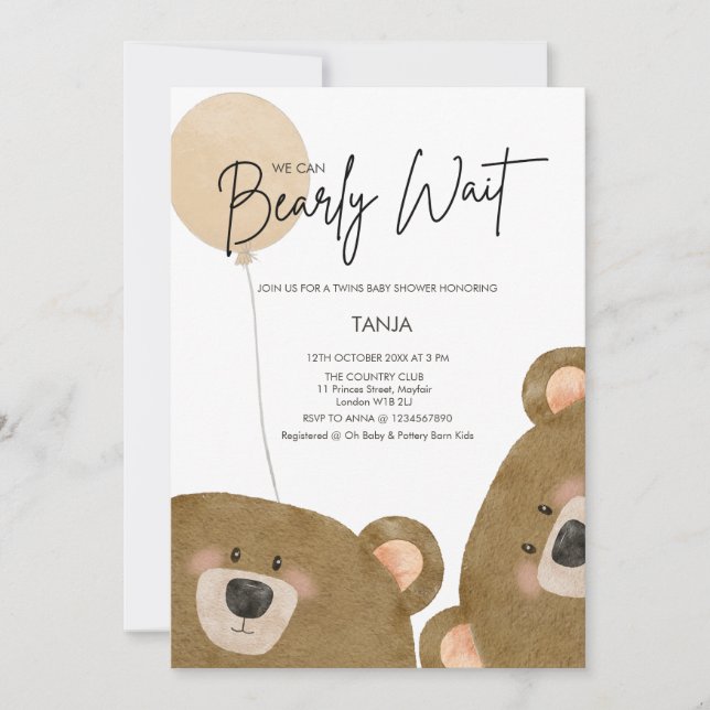 Invitación Oso lindo Podemos anticipar Baby Shower de espera  (Anverso)