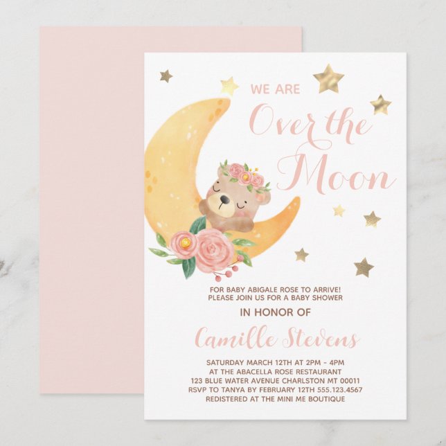 Invitación Oso lindo sobre el Chica de Baby Shower de la Luna (Anverso / Reverso)