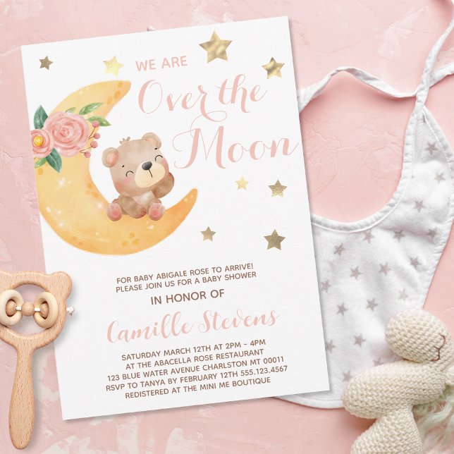 Invitación Oso lindo sobre el Chica de Baby Shower de la Luna (Subido por el creador)