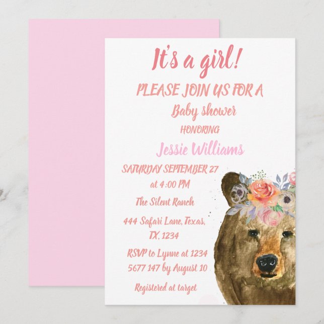 Invitación Oso lindo Woodland Animales Pink Floral Baby Girl (Anverso / Reverso)