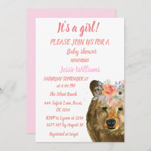 Invitación Oso lindo Woodland Animales Pink Floral Baby Girl