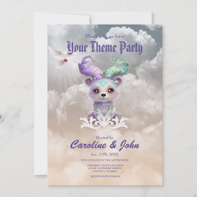 Invitación Oso mágico en purpurina pastel. (Anverso)