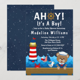 Invitación Oso Marinero Náutico Rojo y Azul Bebé