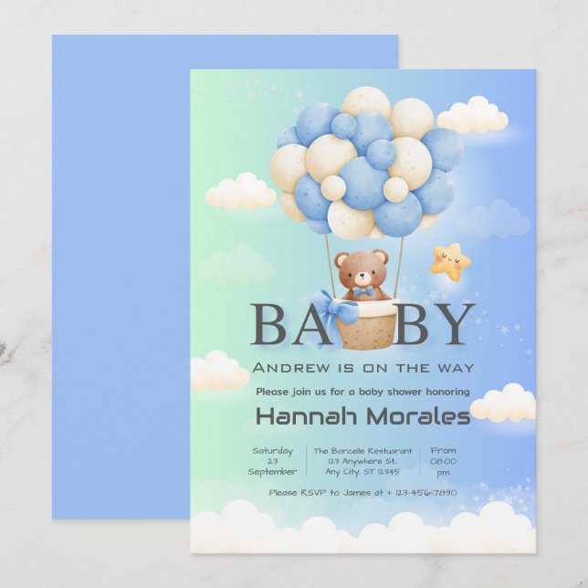 Invitación Oso Marrón con Baby Shower de globos (Anverso / Reverso)