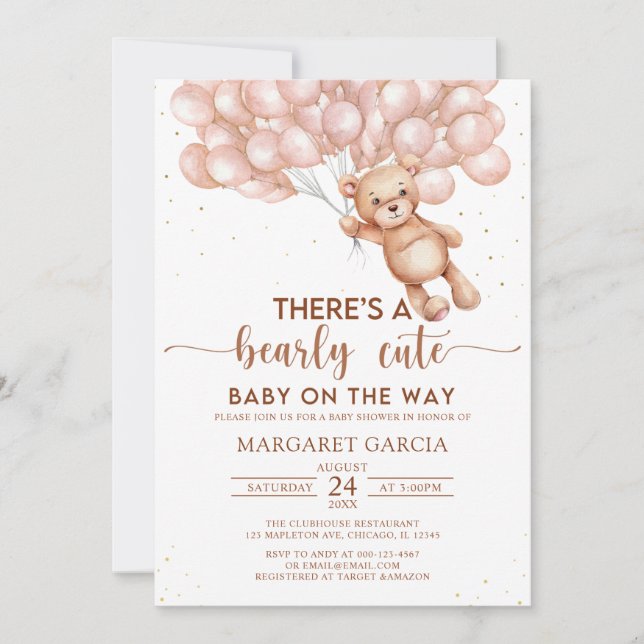 Invitación Oso marrón con globos Teddy Bear Baby Shower (Anverso)