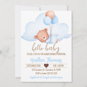 Invitación Oso marrón durmiente y Baby Shower en la nube