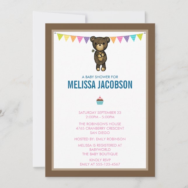 Invitación Oso marrón lindo con un Baby Shower de flores (Anverso)
