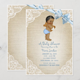Invitación Oso marrón para bebé niño y lazo azul de arpillera