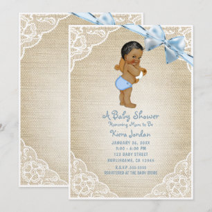 Invitación Oso marrón para bebé niño y lazo azul de arpillera