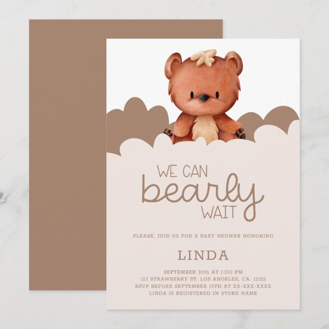 Invitación Oso Marrón Podemos Esperar Baby Shower (Anverso / Reverso)