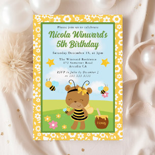 Invitación Oso Miel Lindo y Abejas Cumpleaños de Niños
