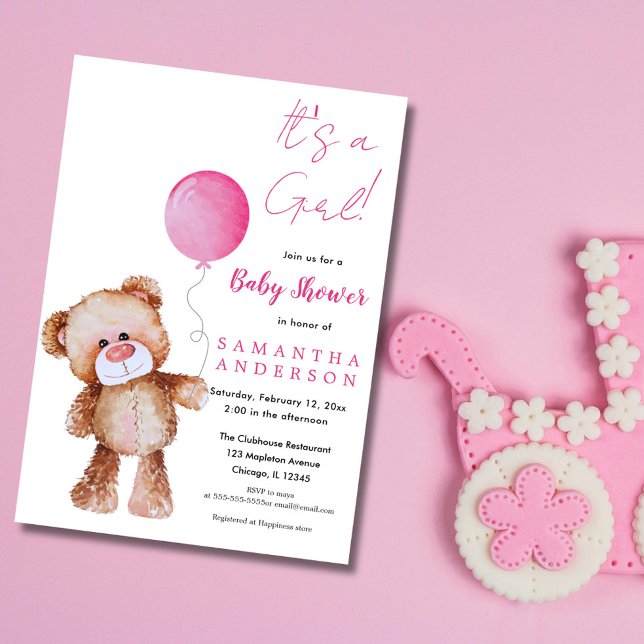 Invitación Oso minimalista Baby Shower-Es un Chica (Teddy Bear Boy and Pink Baloon Baby Shower Invitation)