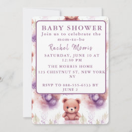 Invitación Oso morado de peluche y flores - Baby Shower