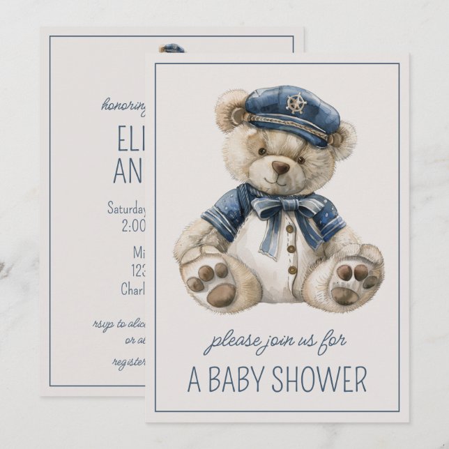 Invitación Oso Nautical Blue Cute Personalizado (Anverso / Reverso)