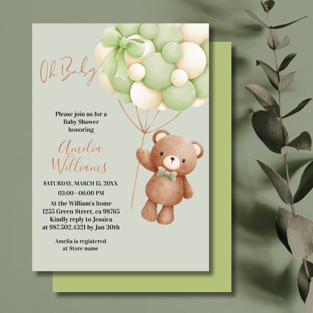 Invitación Oso Neutral De Teddy Oh Bebé Bebé Globo Verde (Subido por el creador)