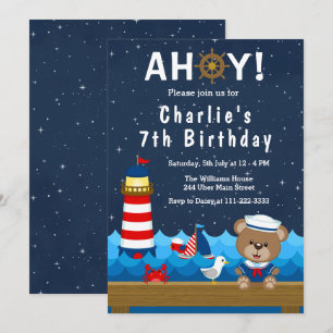 Invitación Oso Niño Náutico Rojo y Azul Cumpleaños