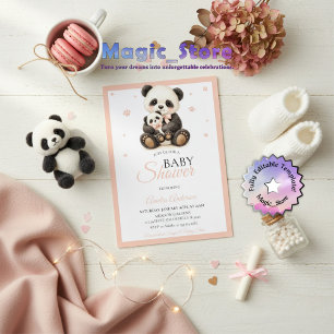 Invitación Oso Panda Acuarela Mamá Cachorro Patitas Rosadas